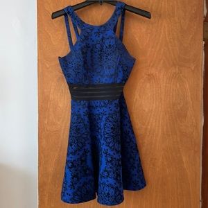 City Studio royal blue and black high neck fit and flare floral dress